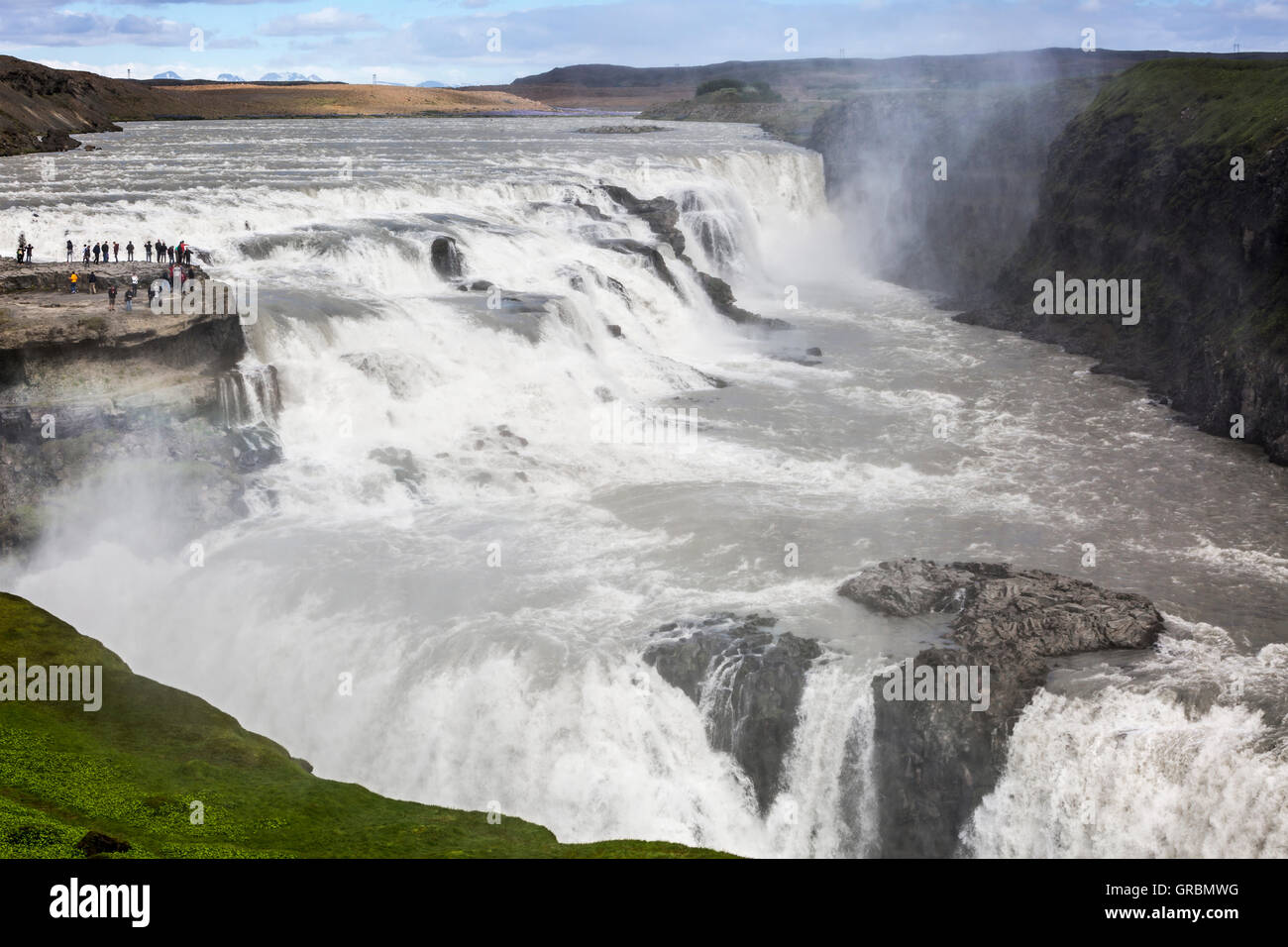 Gullfoss Falls, Golden Falls, drops 32 meters, 105 ft into a canyon, Iceland, South West Iceland, Golden Circle tour Stock Photo