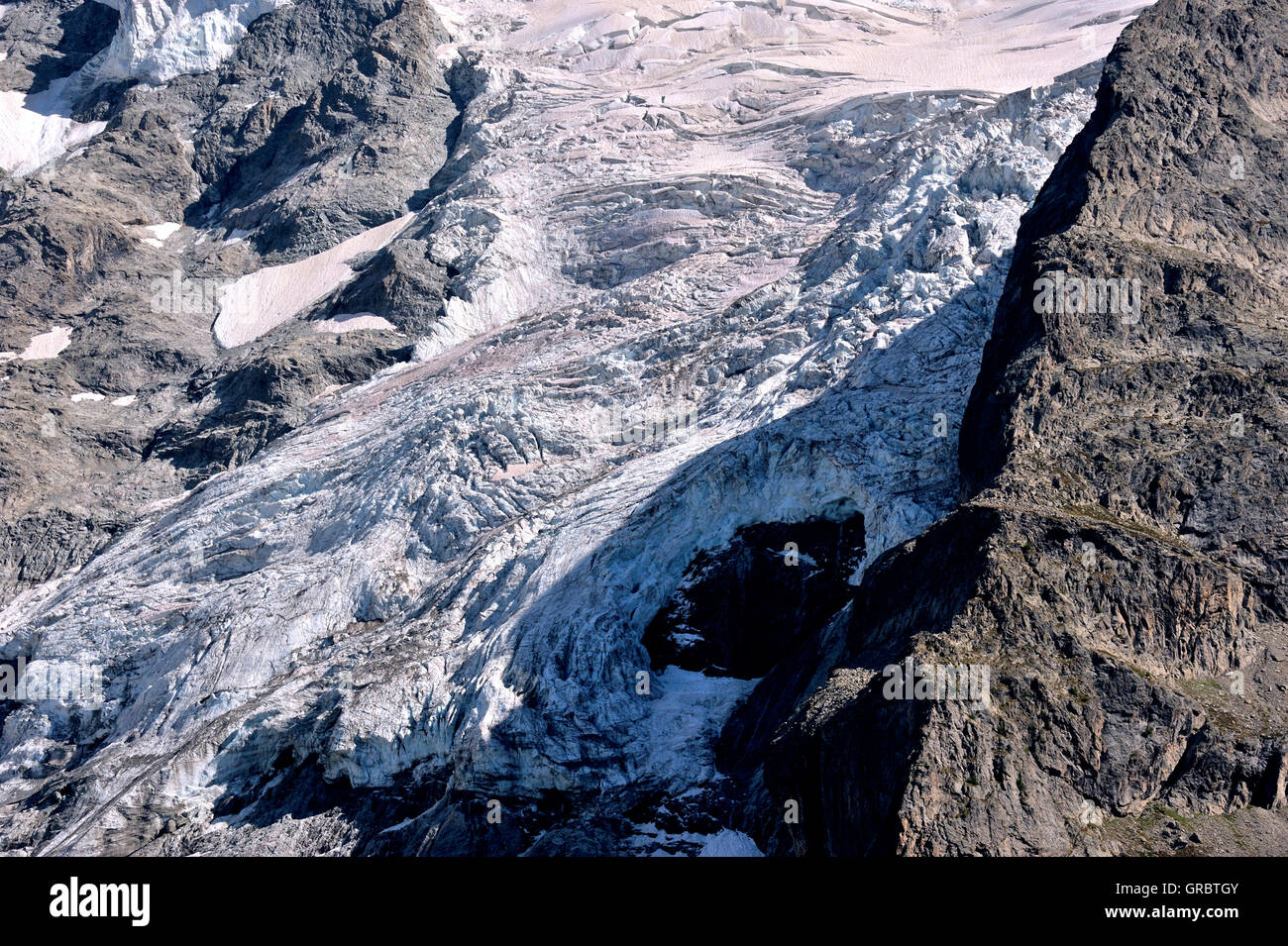 Glacier Tongue Of Mountain La Meije, French Alps, France Stock Photo