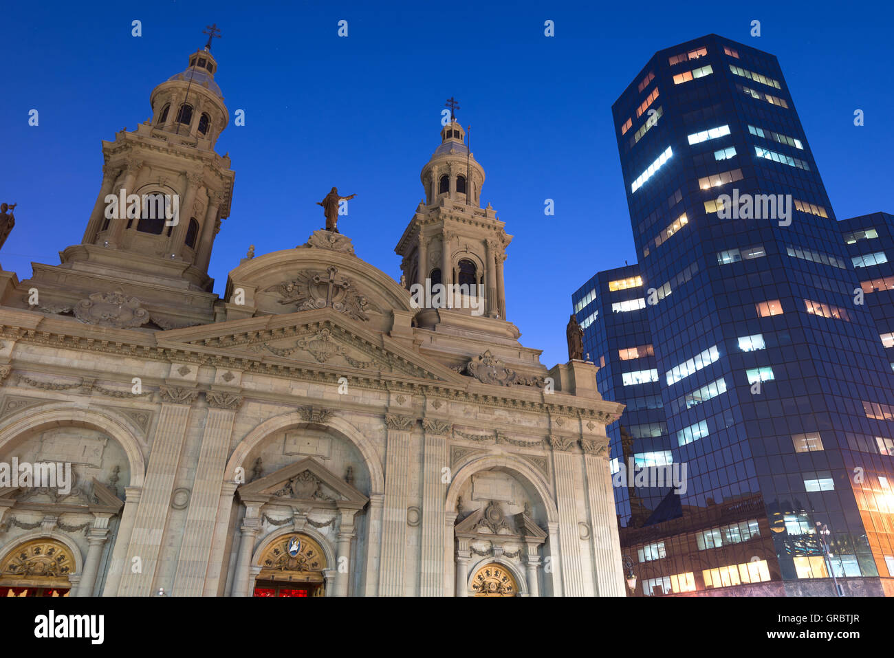 The Metropolitan Cathedral in Santiago de Chile at night Stock Photo
