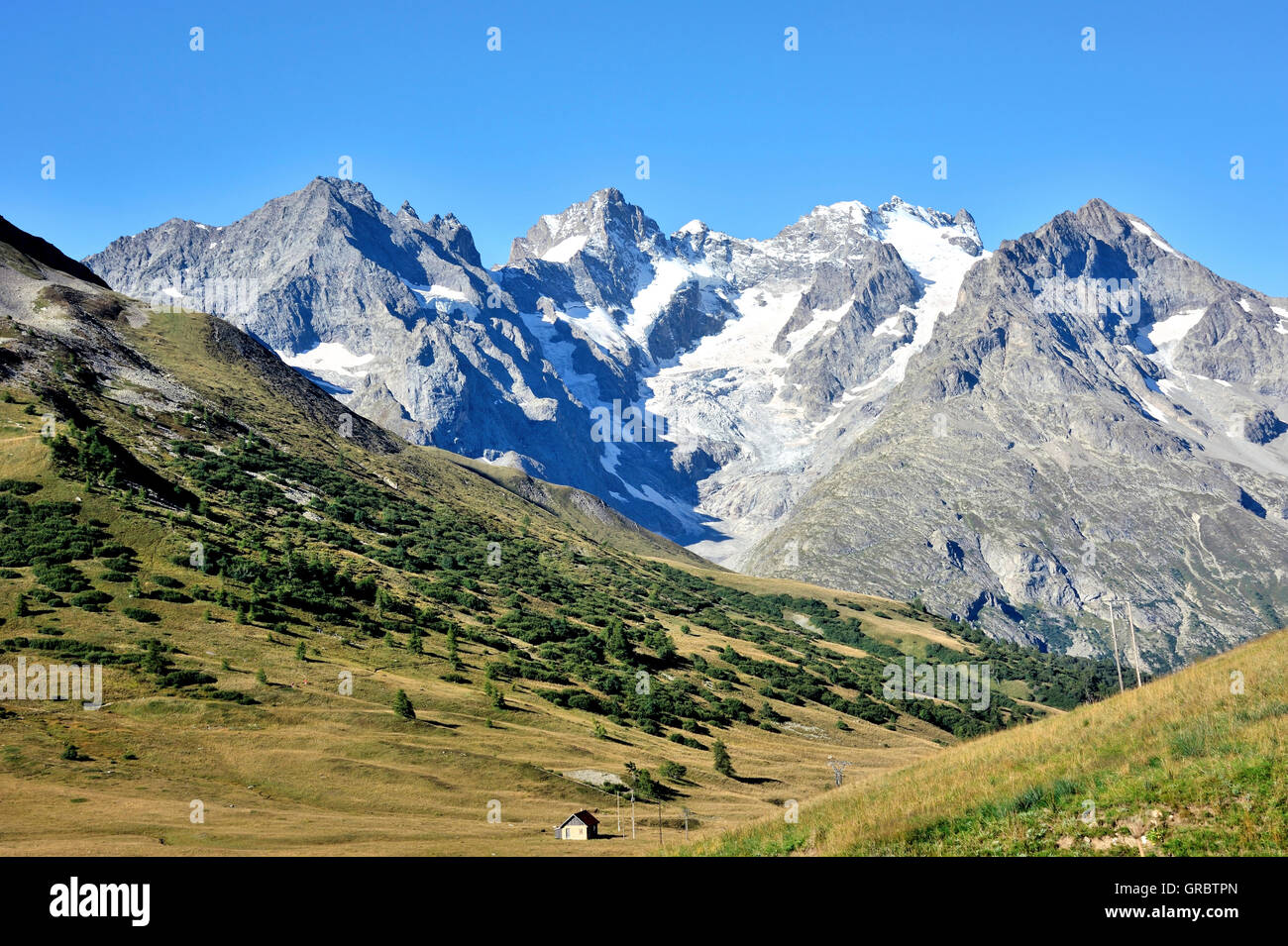 View To The Glaciers At Pass Col Du Lautaret, Crossing Of The Route Des Grandes Alpes, French Alps, France Stock Photo