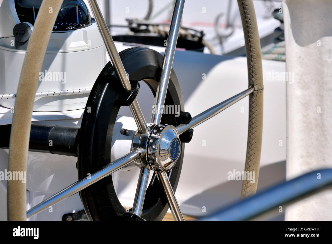 Steering Wheel Of Sailing Boat Stock Photo