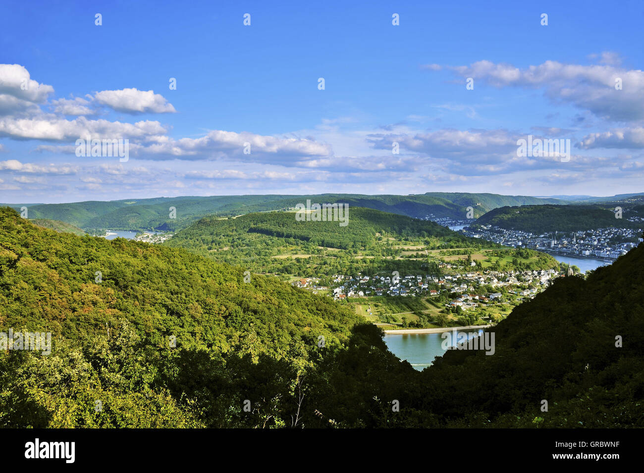 Panoramic View From Vierseenblick, Means Four Lakes View, Curvatures Of The Rhine Valley With The Impression Of Four Lakes Above Town Boppard, Upper Middle Rhine Valley, Germany Stock Photo
