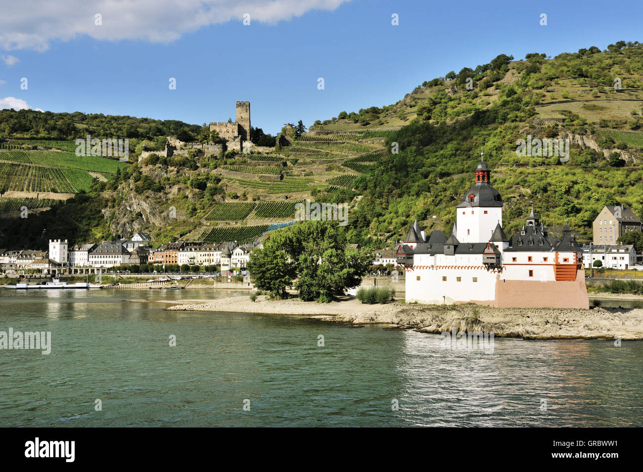 Pfalzgrafenstein Castle, Toll Castle In Middle Of The Rhine, Town Kaub And Gutenfels Castle In The Background, Upper Middle Rhine Valley, Germany Stock Photo