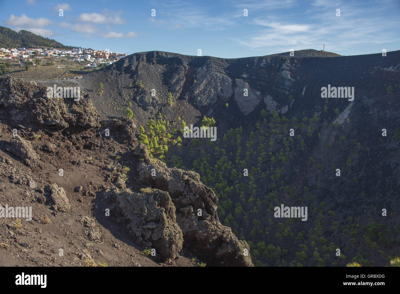 View From The Rim Of The Vulcano San Juan Into The Caldera And It S Pine Forest In The Background Los Canarios  Fuencaliente, La Palma, Canary Islands. Stock Photo