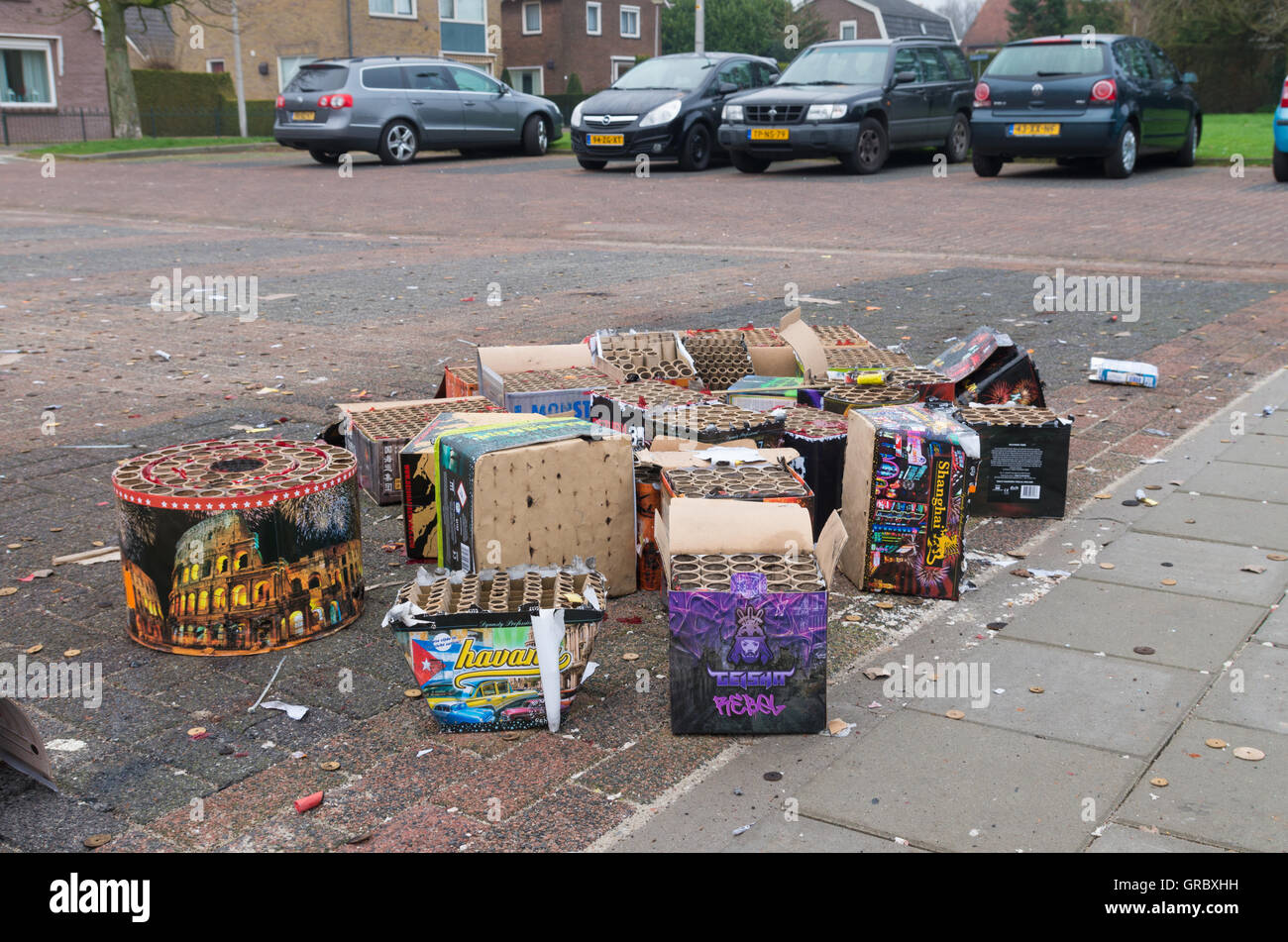 OLDENZAAL, NETHERLANDS - JANUARY 1, 2016: Remnants of fireworks at a waste collection point the day after the traditional new ye Stock Photo