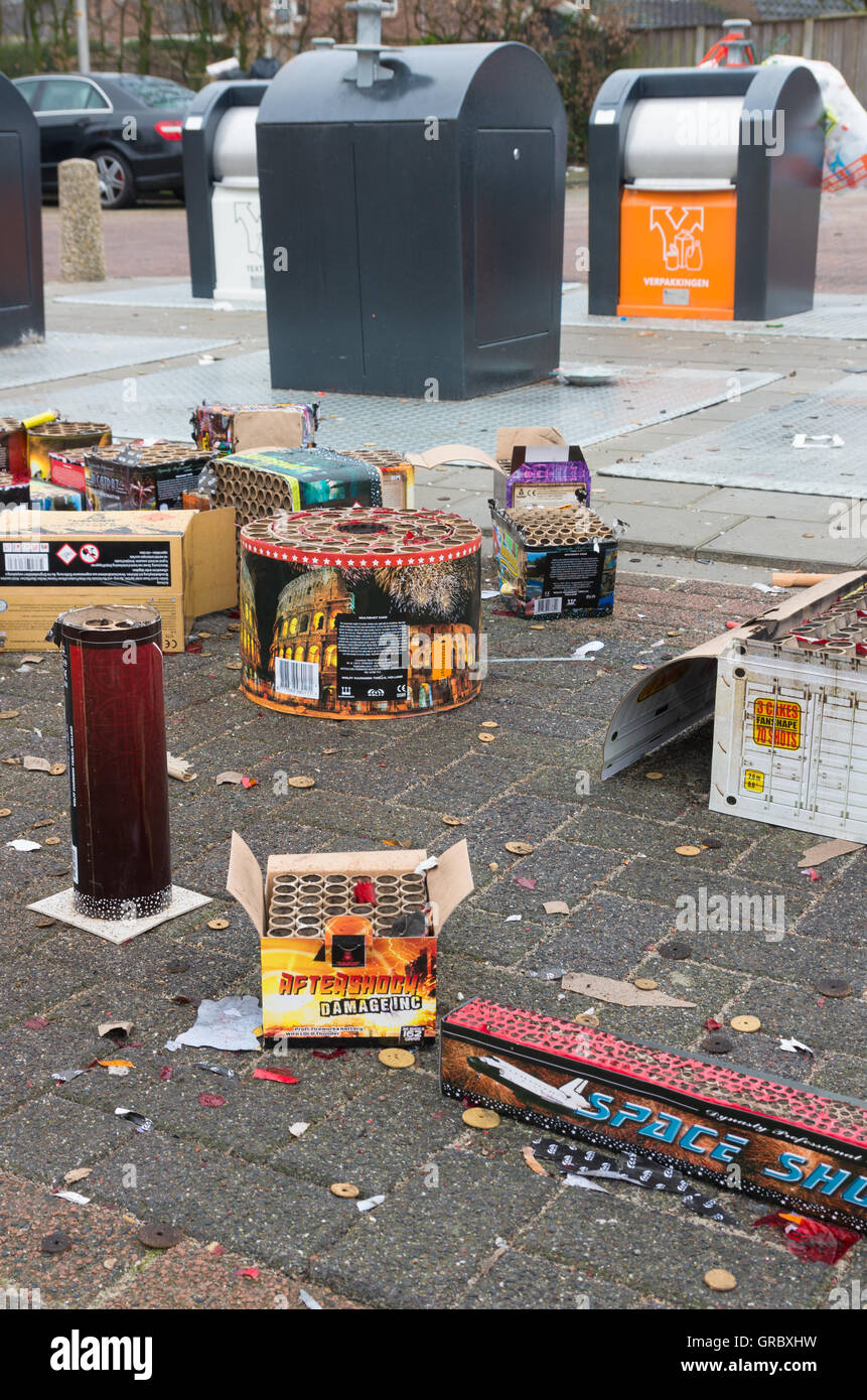 OLDENZAAL, NETHERLANDS - JANUARY 1, 2016: Remnants of fireworks at a waste collection point the day after the traditional new ye Stock Photo