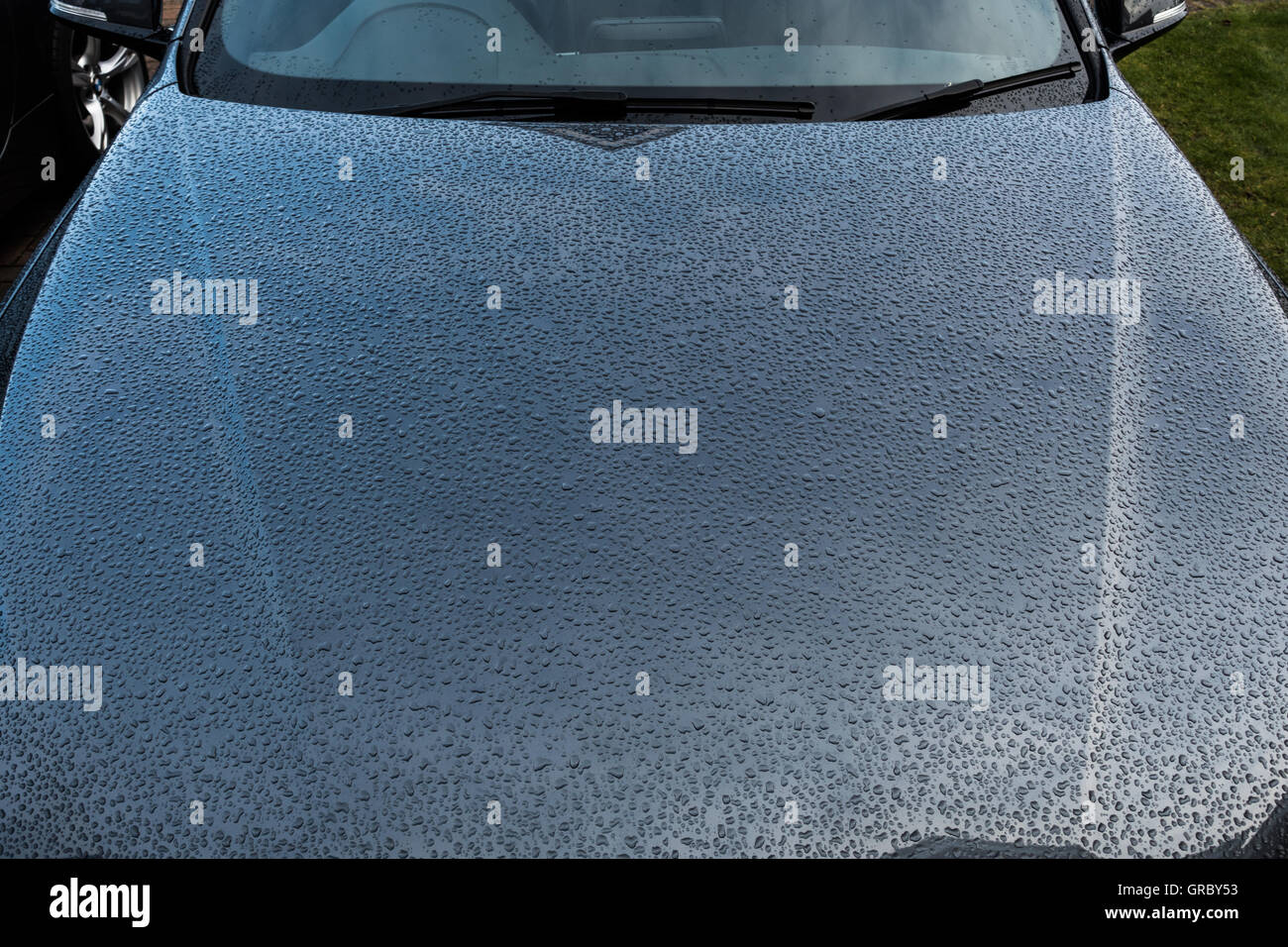 Beading On Car Bonnet Rain Grey Weather Protection Stock Photo Alamy