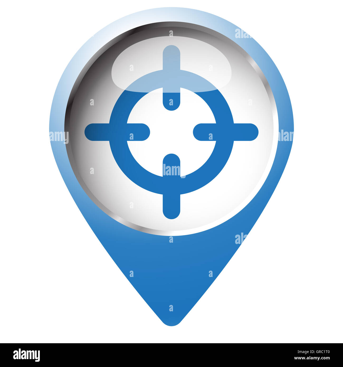 Map pin symbol with Scope icon. Blue symbol on white background. Stock Photo