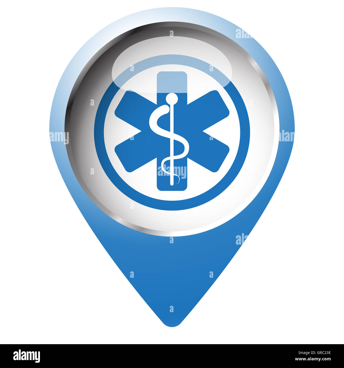 Map pin symbol with Medical  icon. Blue symbol on white background. Stock Photo