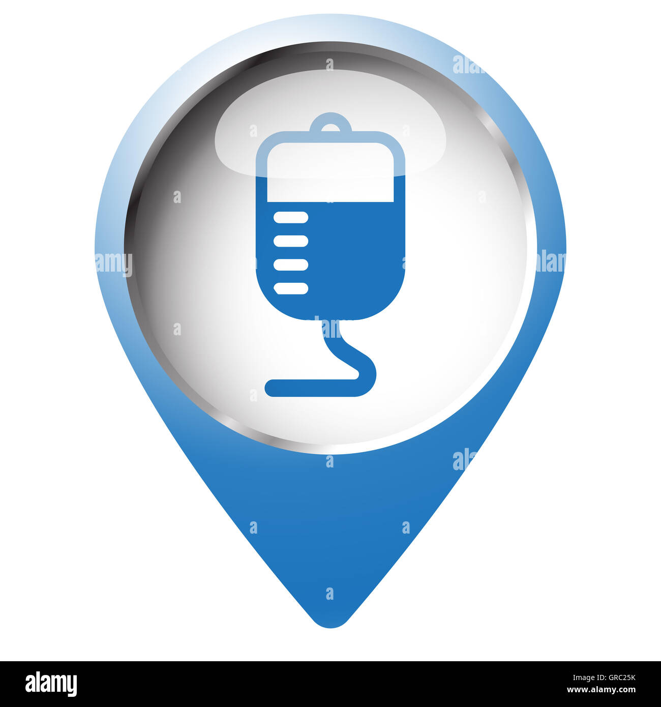 Map pin symbol with Transfusion icon. Blue symbol on white background. Stock Photo