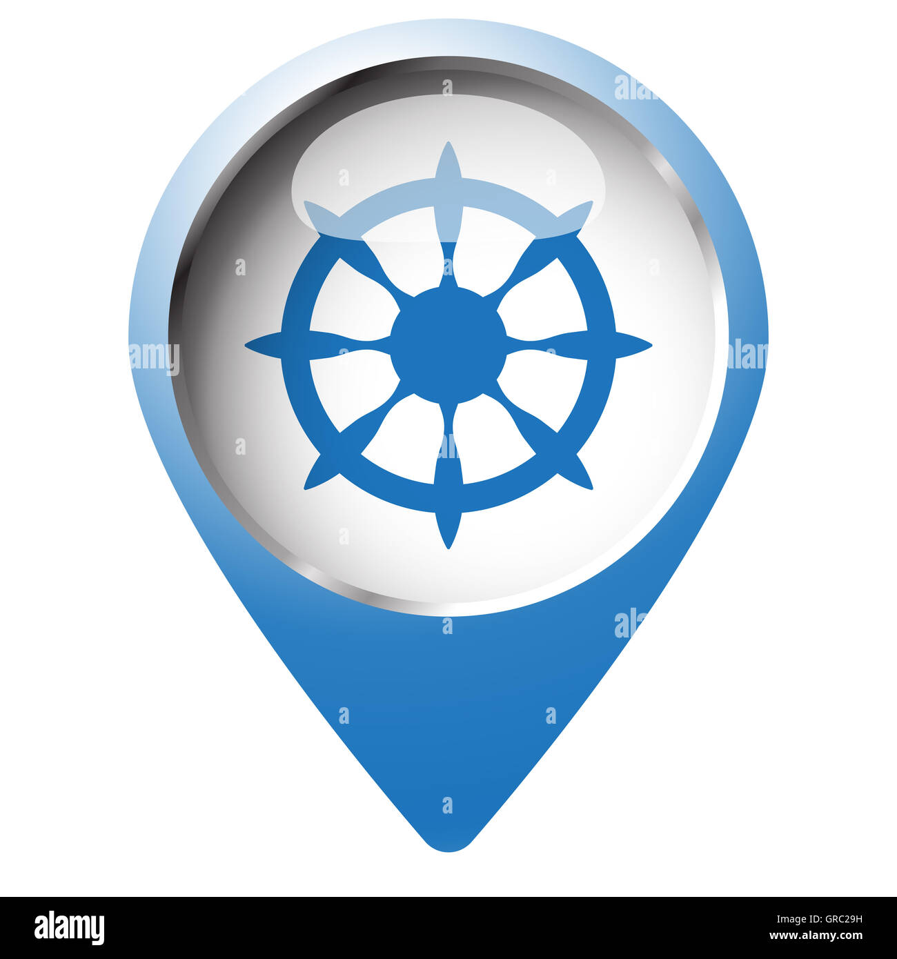 Map pin symbol with Boat Wheel icon. Blue symbol on white background. Stock Photo