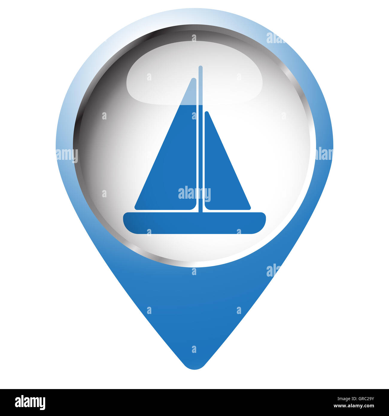 Map pin symbol with Sailboat icon. Blue symbol on white background. Stock Photo