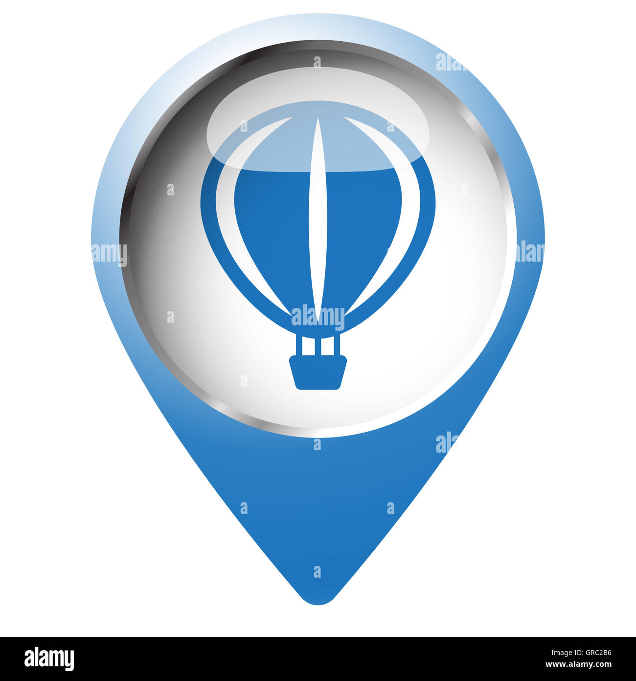 Map pin symbol with Air Balloon icon. Blue symbol on white background. Stock Photo