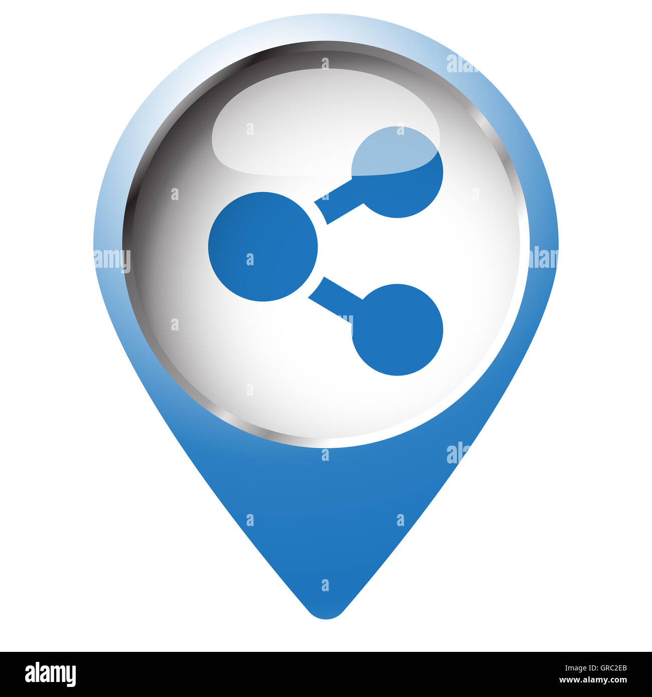 Map pin symbol with Share icon. Blue symbol on white background. Stock Photo