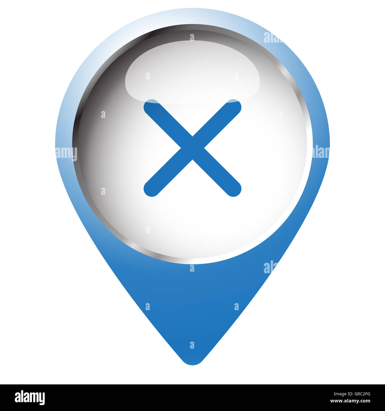 Map pin symbol with Cancel icon. Blue symbol on white background. Stock Photo