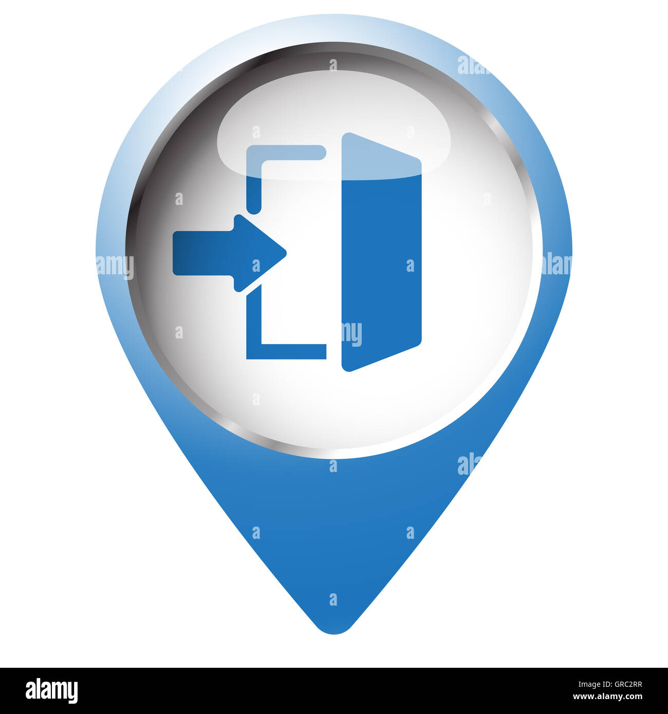 Map pin symbol with Enter icon. Blue symbol on white background. Stock Photo