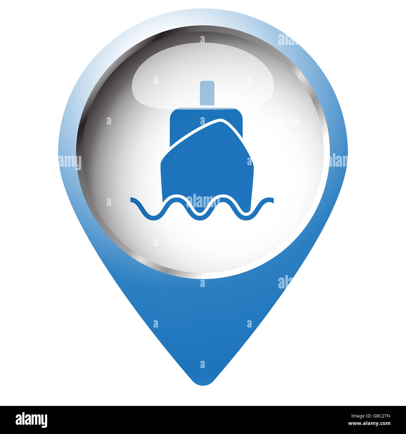 Map pin symbol with Boat icon. Blue symbol on white background. Stock Photo
