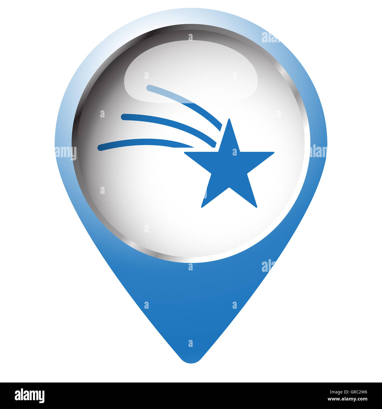 Map pin symbol with Shooting Star icon. Blue symbol on white background. Stock Photo
