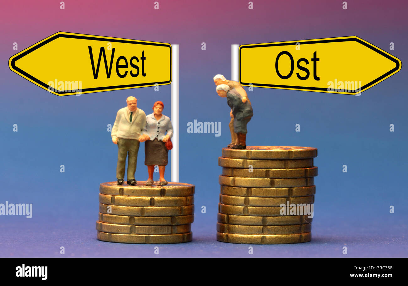 Senior Citizen Standing On Coins With Bidirectional Sign Pointing To East And West Stock Photo