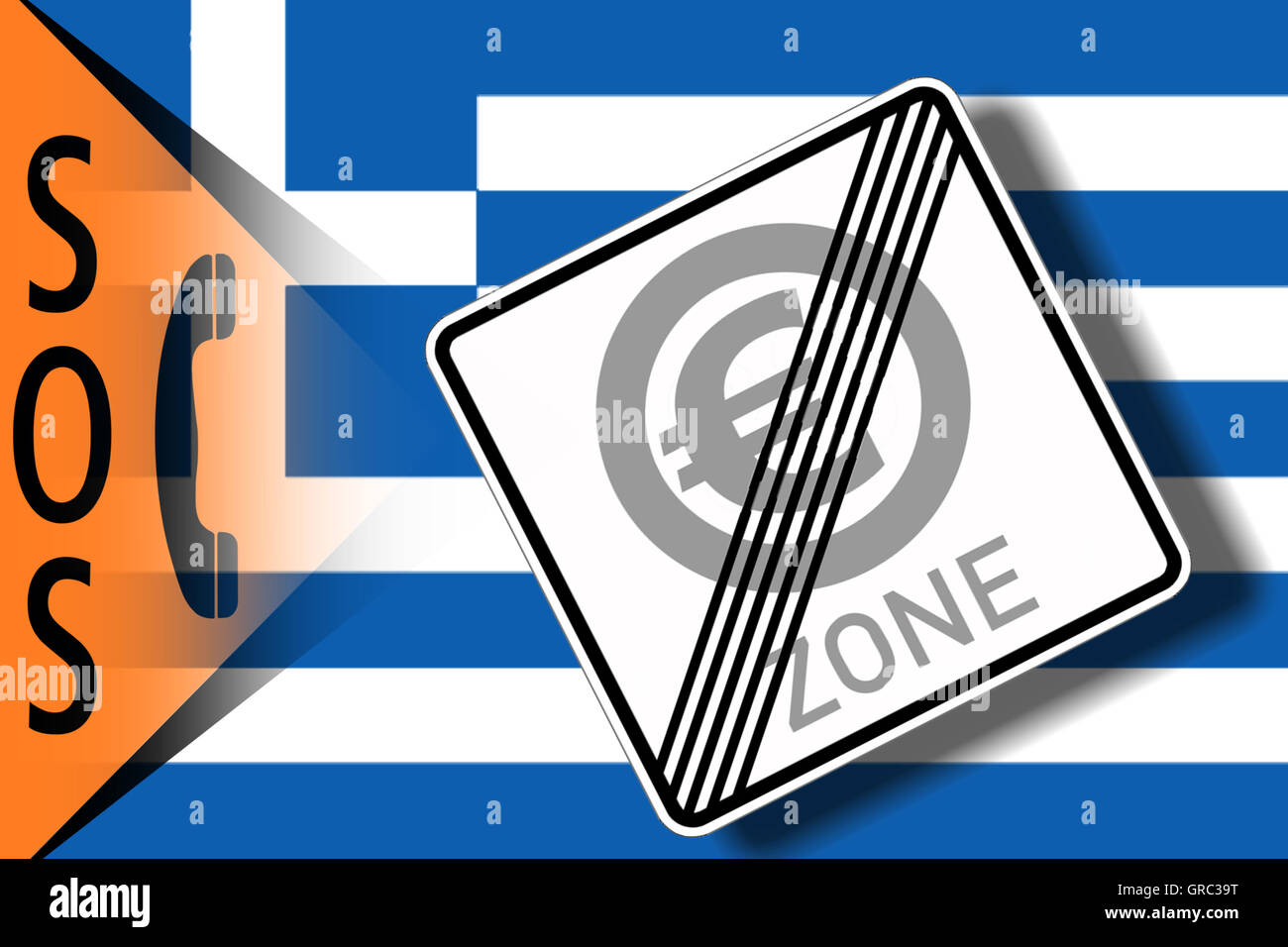 Greek Flag With Modified Traffic Sign End Of Euro Zone Stock Photo