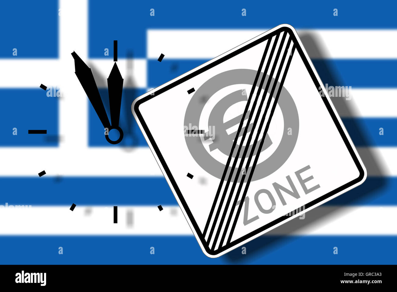 Greek And Eu Flag With Modified Traffic Sign End Of Euro Zone Stock Photo