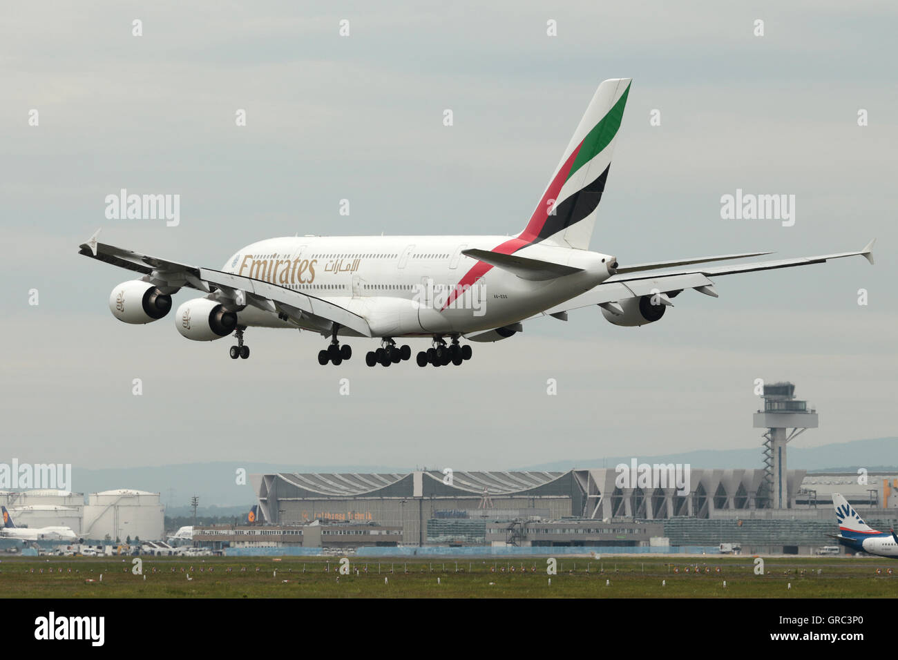 Airbus A380-800 With Registration A6-Eds Of Emirates At Rhein Main Airport Frankfurt Fra, Germany Stock Photo