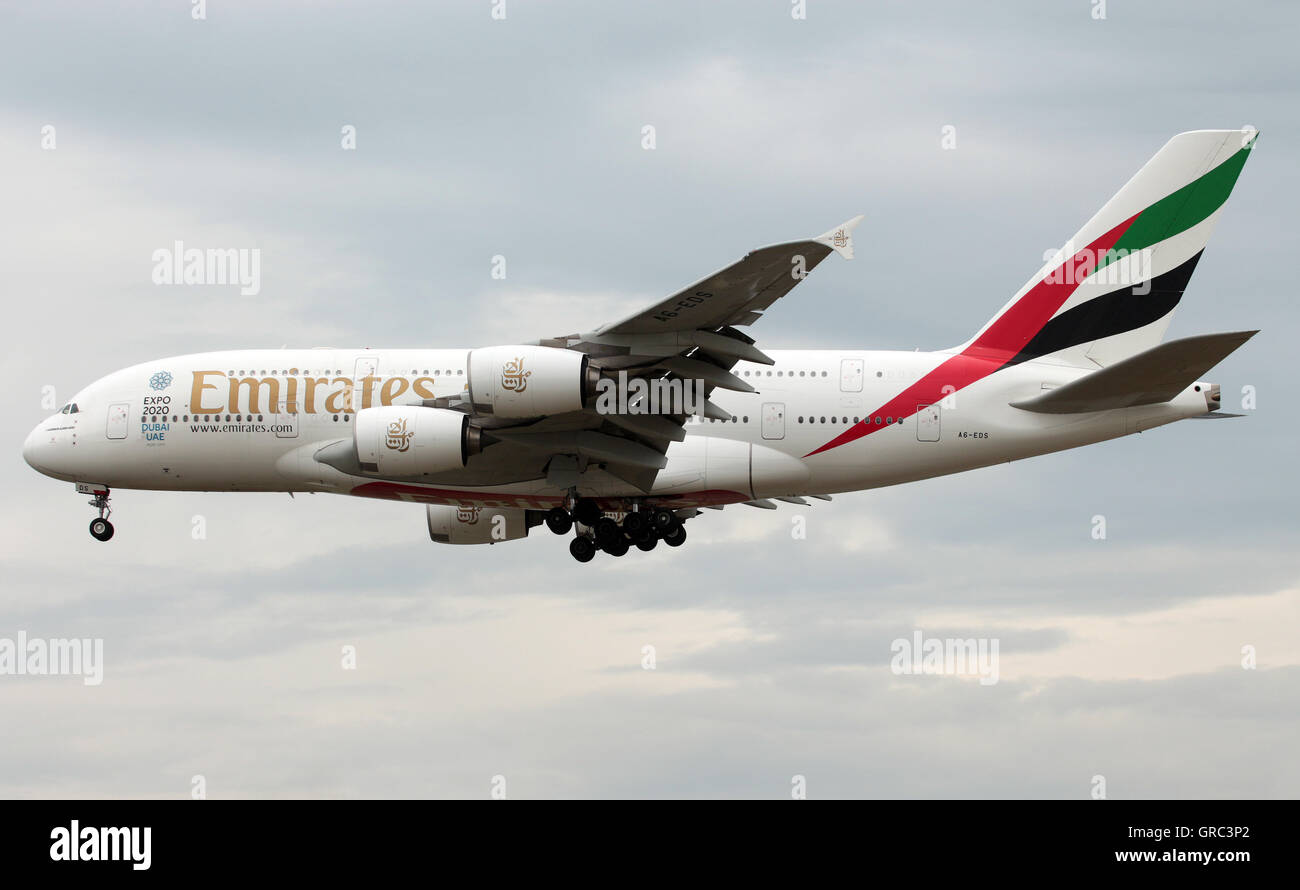 Airbus A380-800 With Registration A6-Eds Of Emirates At Rhein Main Airport Frankfurt Fra, Germany Stock Photo