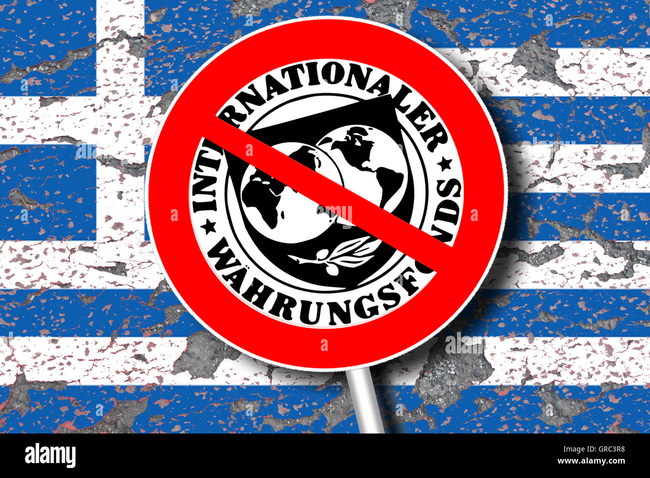 Sign Iwf Imf International Monetary Fund And Eroding Greek Flag Stock Photo