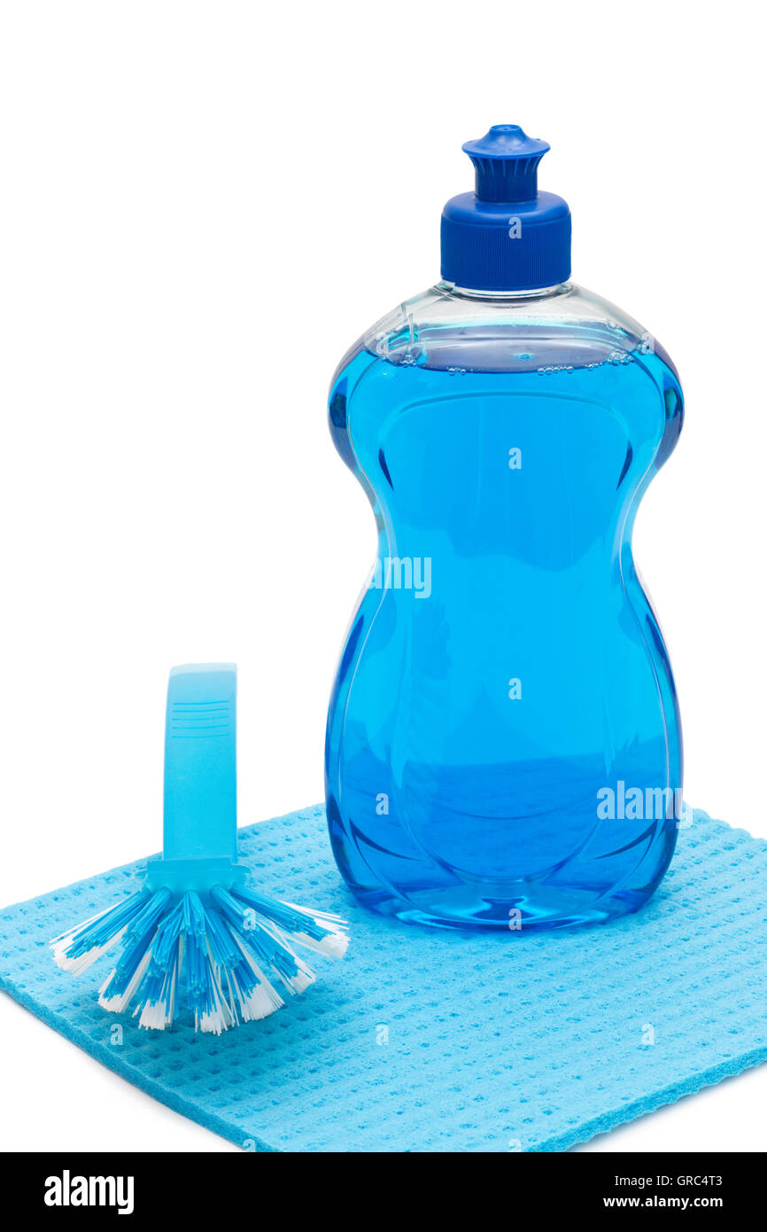 Blue Dishwashing Detergent With Brush And Cloth On White Background