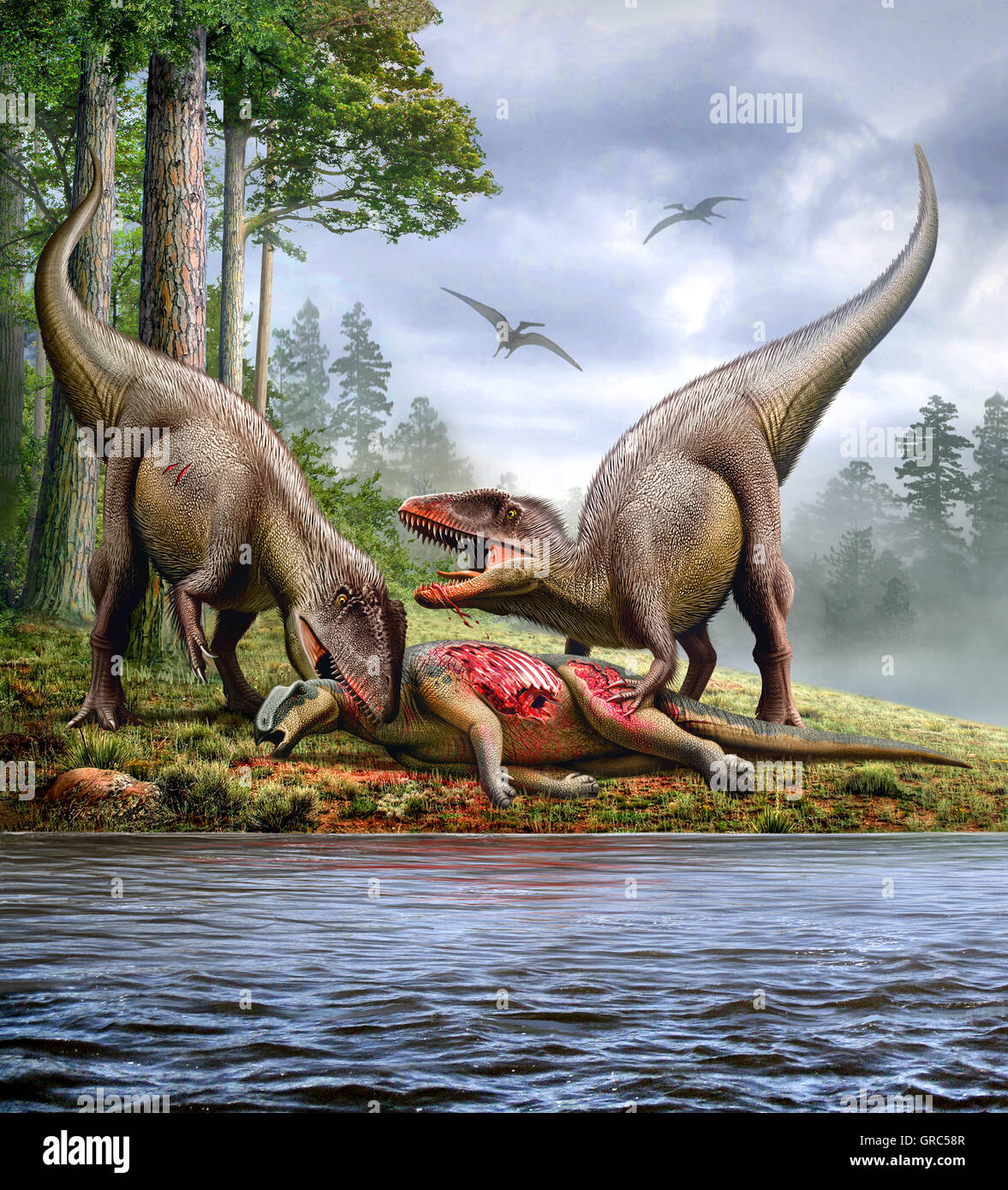 Two Carcharodontosaurus Dinosaurs hunt an Ouranosaurus Stock Photo