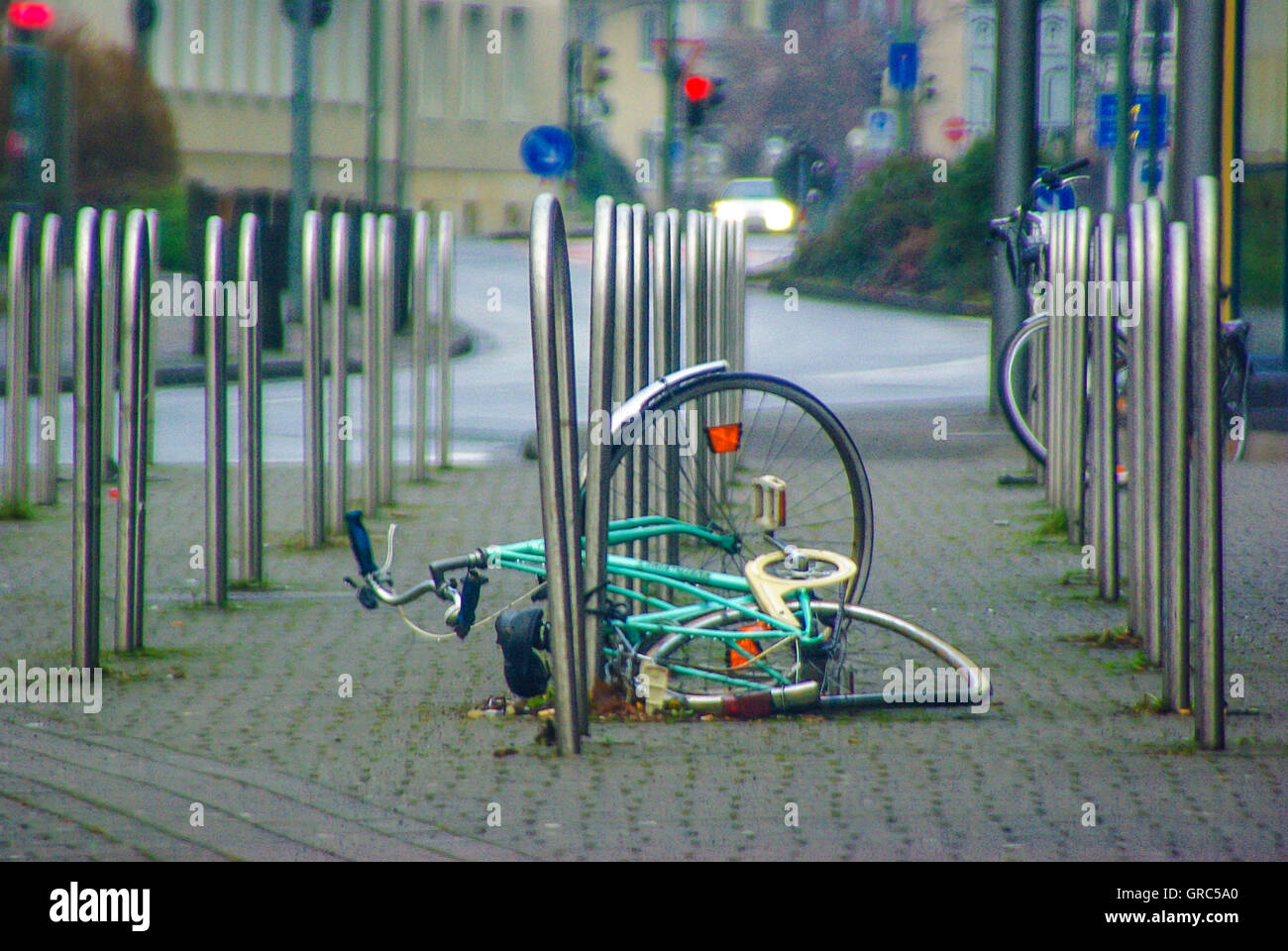 Bicycle Demolished At Bike Racks Stock Photo - Alamy