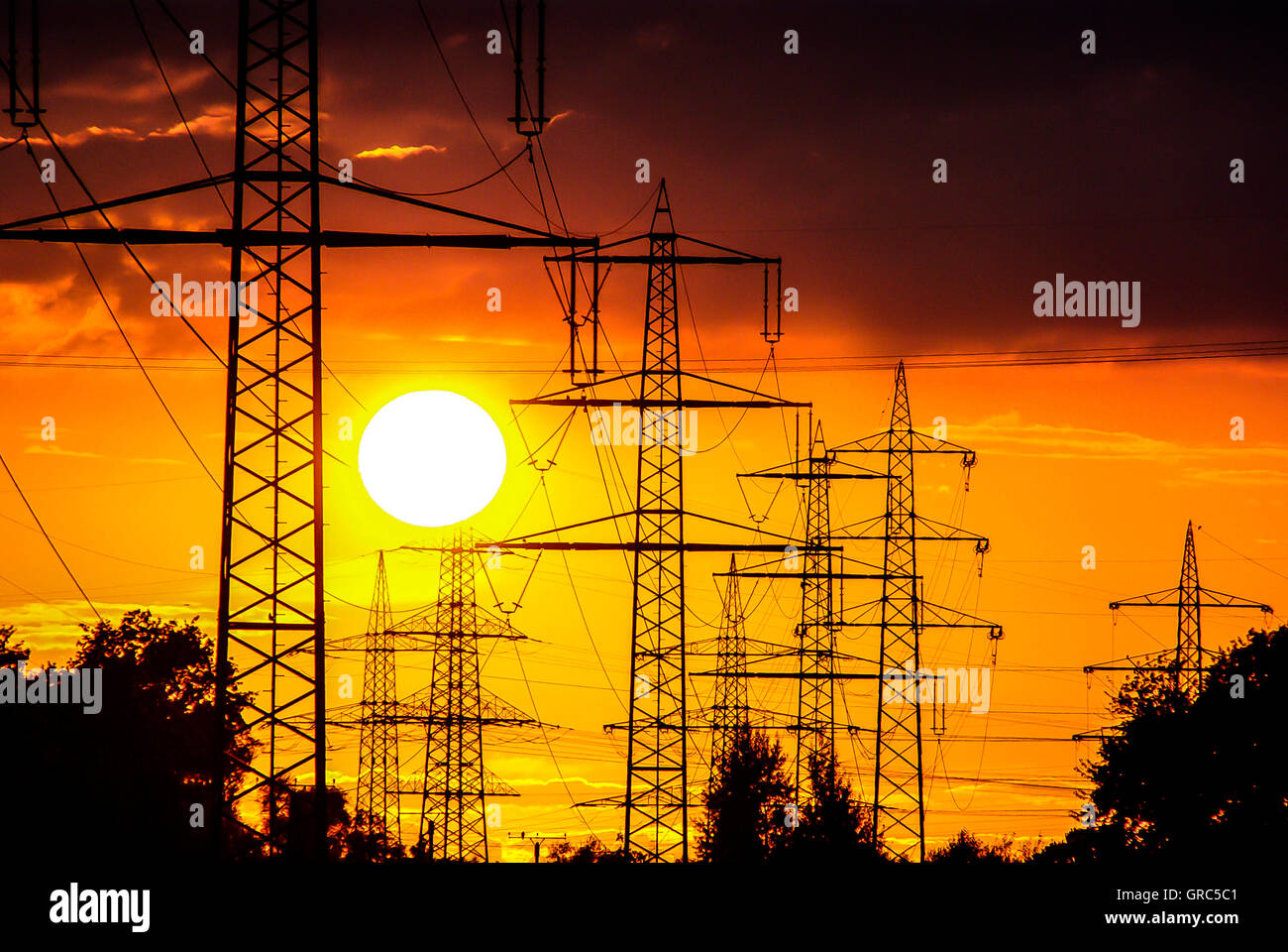 Power Lines And Sunset Stock Photo