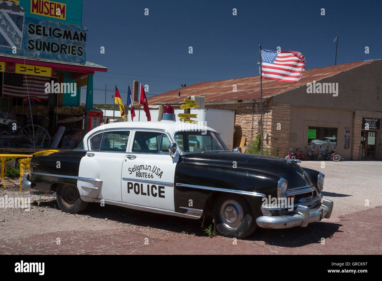 Seligman, Arizona - Souvenir shops and other tourist attractions line US Route 66. Stock Photo