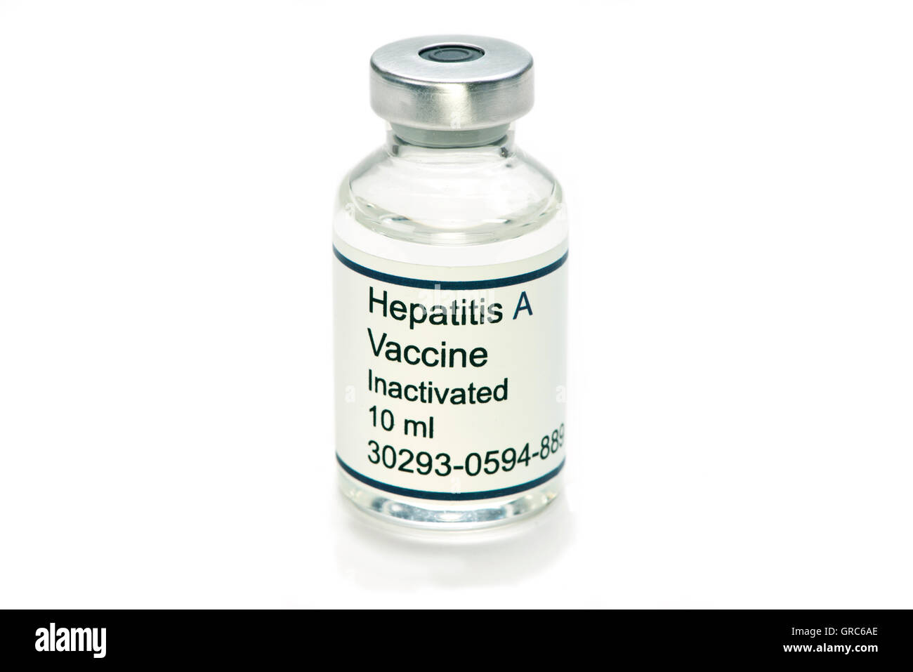 Hepatitis A virus vaccine vial. Labels are fictitious and created by the photographer. Stock Photo