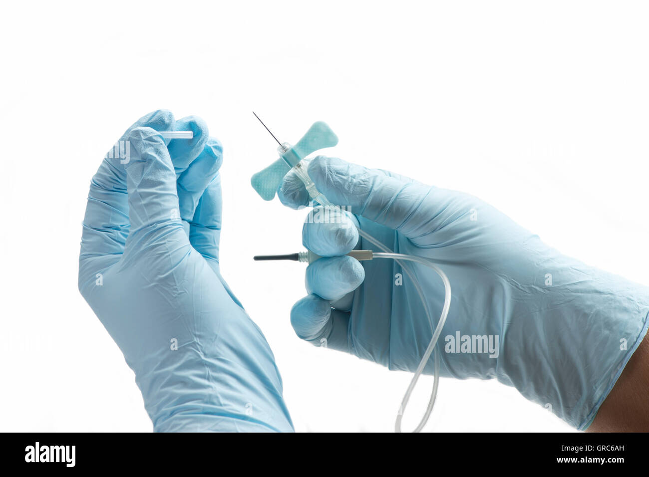 Healthcare technician uncaps blue butterfly catheter. Stock Photo