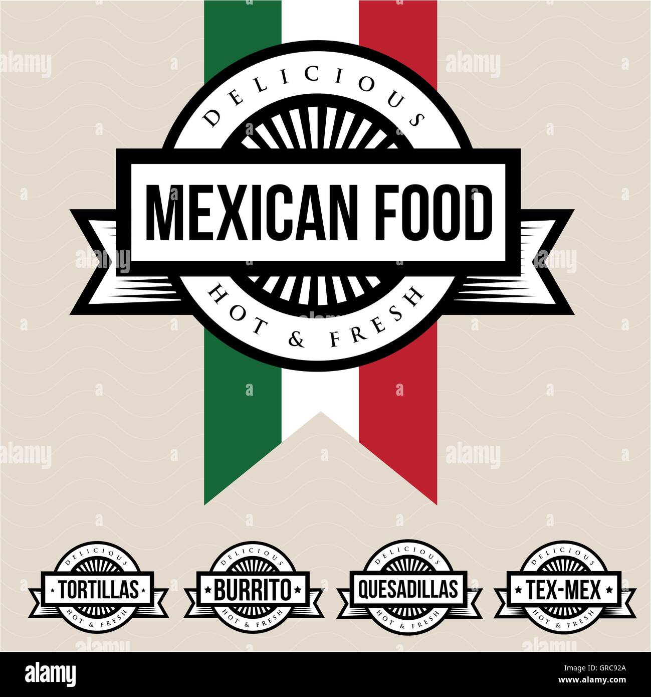 Mexican food label Tortillas, Burrito, Quesadillas, TexMex Stock