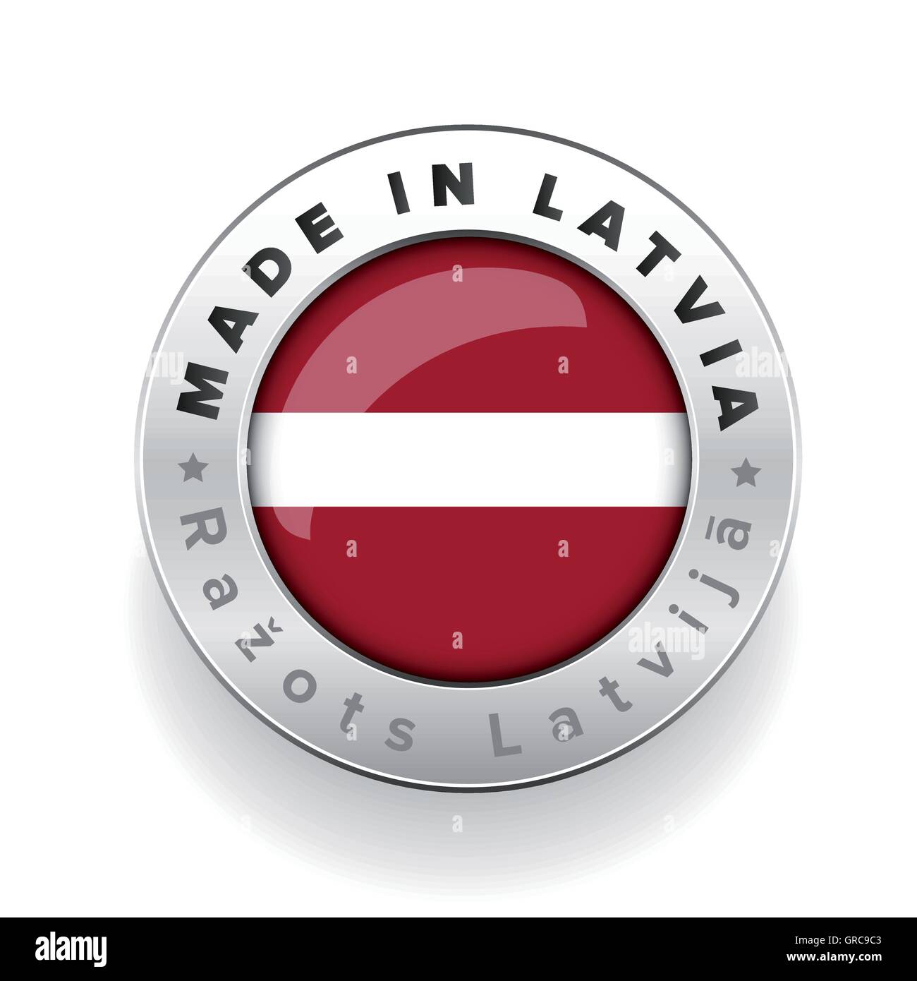 Made in Latvia silver button with Latvian translation Stock Vector