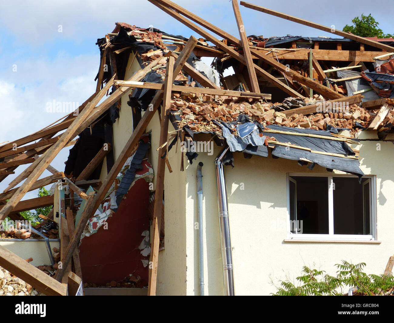 Destroyed House After Storm, Framersheim, Rhineland Palatinate Stock Photo
