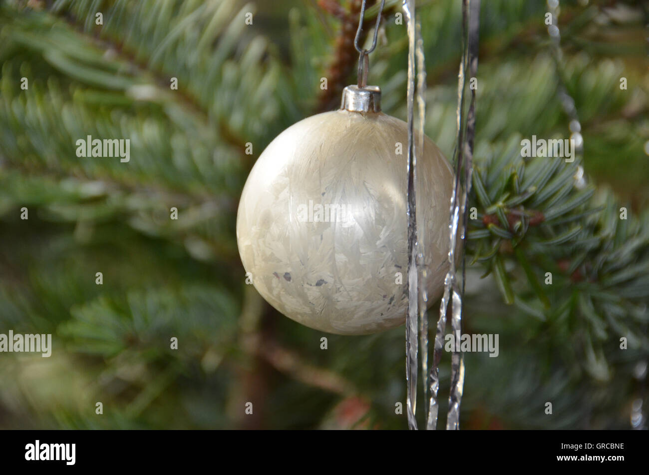 Christmas Tree Decorations, Glass Ball And Tinsel On Fir Branch Stock Photo