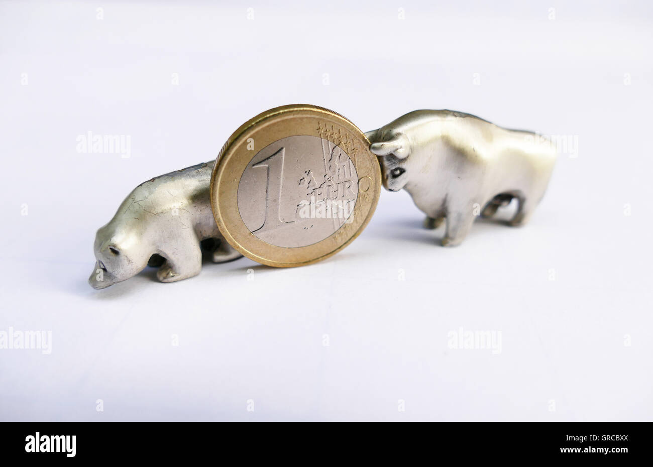 Bull And Bear With A Euro Coin, Symbol Stock Market Stock Photo