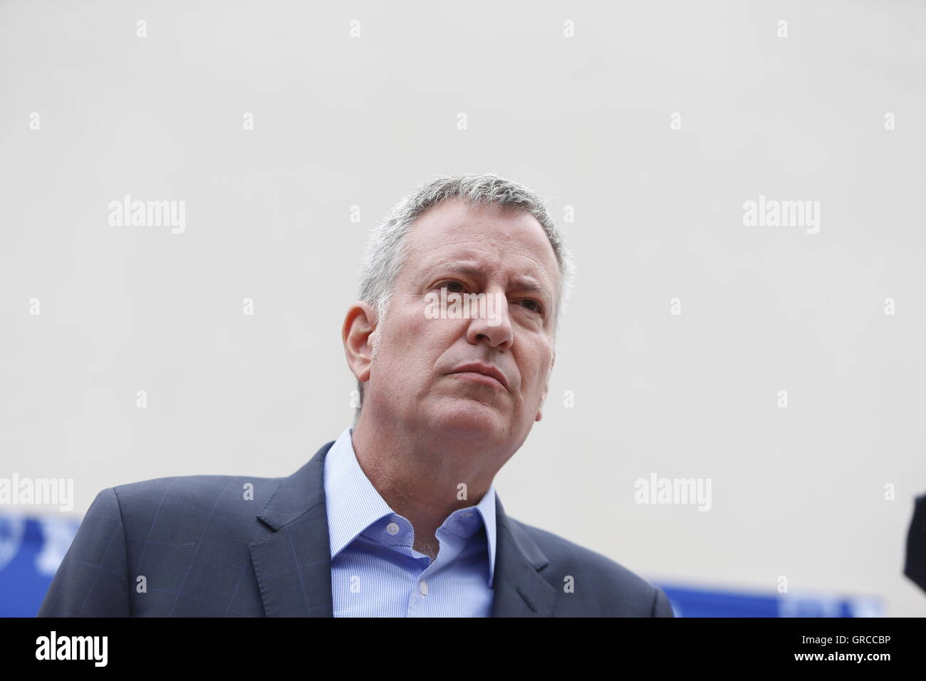 New York City, United States. 05th Sep, 2016. Mayor Bill de Blasio addresses the press after breakfast. This year's West Indian Parade featured a traditional breakfast at Lincoln Terrace Park in Brooklyn hosted by Mayor de Blasio, Rev Al Sharpton, city council speaker Melissa Mark-Viverito & other community leaders during which the violence at the early am J'Ouvert was denounced. After the breakfast, Mayor de Blasio & NYPD commissioner William Bratton held a press conference to discuss possible responses to the incidents. © Andy Katz/Pacific Press/Alamy Live News Stock Photo