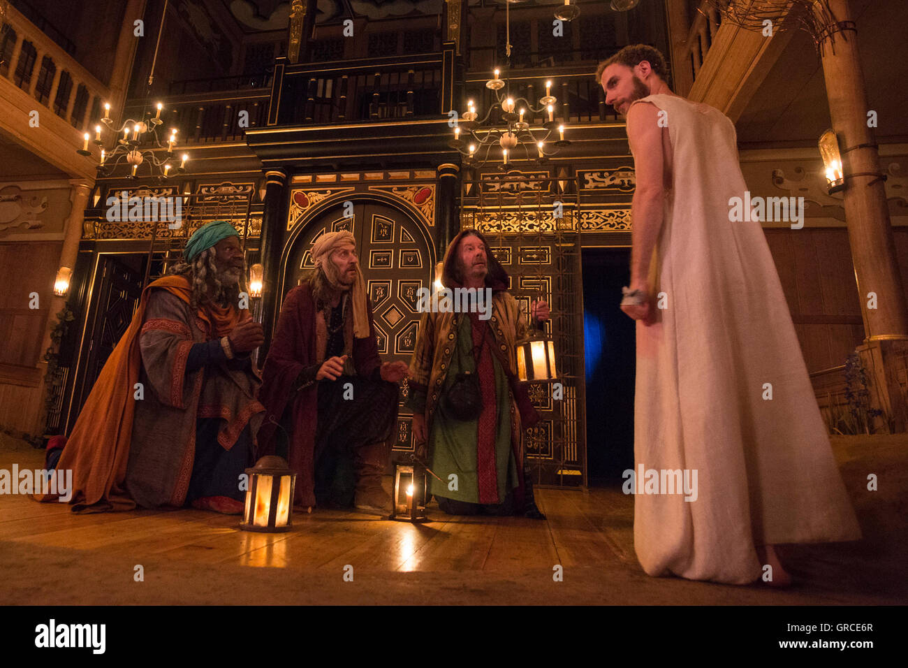 London, UK. 6 September 2016. L-R: Joseph Marcell (Caspar), Richard Bremmer (Balthasar), Kevin Moore (Melchior) and Samuel Collings (Jesus). The comedy The Inn at Lydda written by John Wolfson and directed by Andy Jordan runs at the Sam Wanamaker Playhouse from 2 September to 27 September 2016. Stock Photo