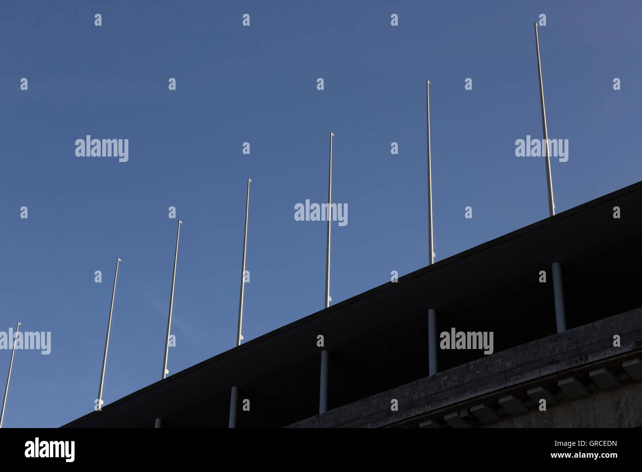 Number Of Flagpoles At The Olympic Stadium In Berlin Stock Photo