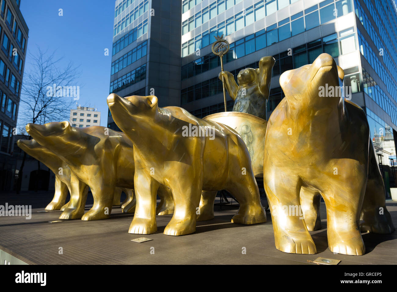 Statue With Five Berlin Bears Built Of Metal As Quadriga Stock Photo