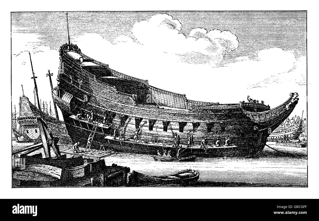 Dutch warship vessel in construction, in the mid-17th century. Facsimile of an engraving by Wenzel Hollar Stock Photo