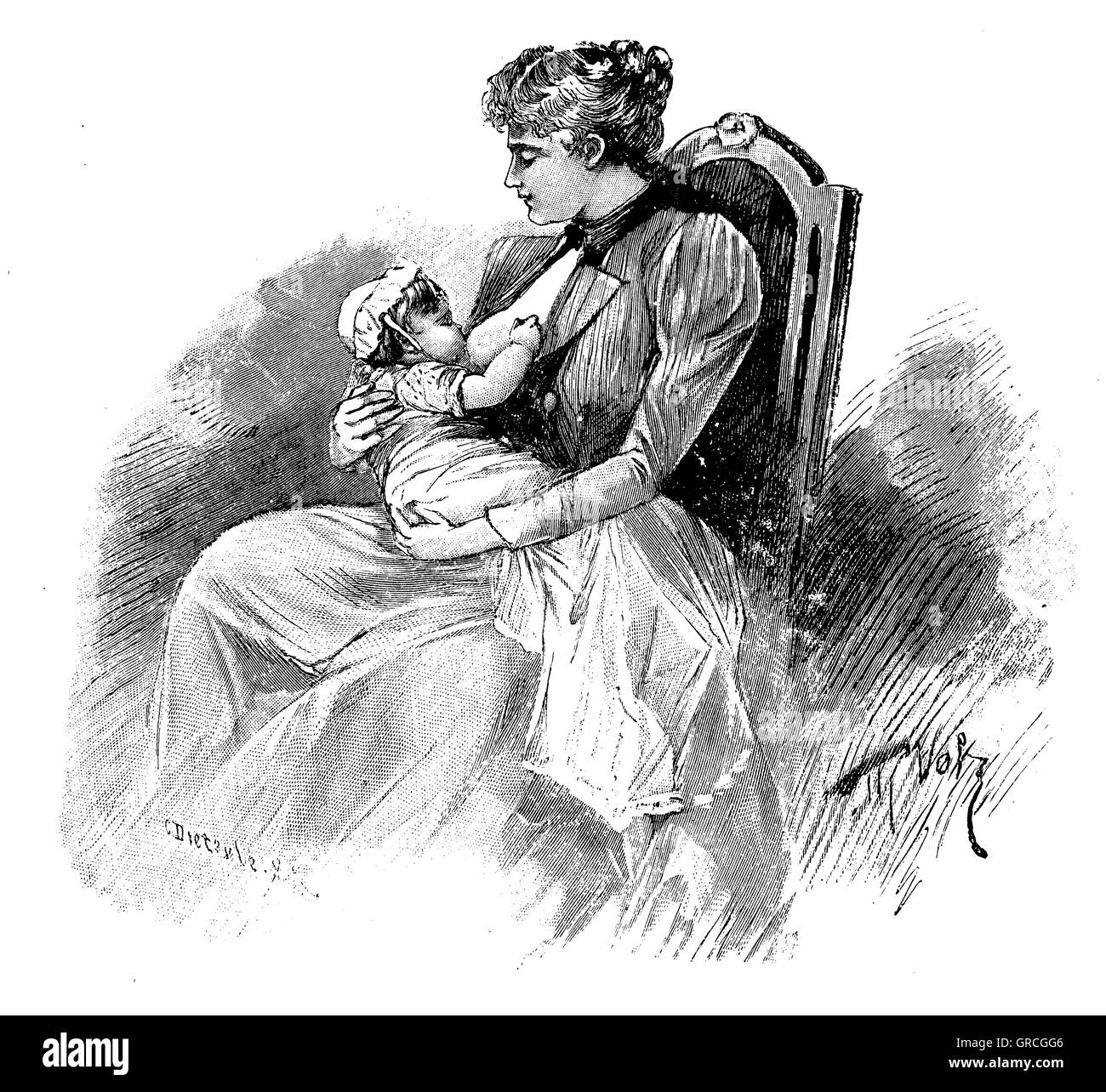 Incorrect position of the child during breastfeeding Stock Photo