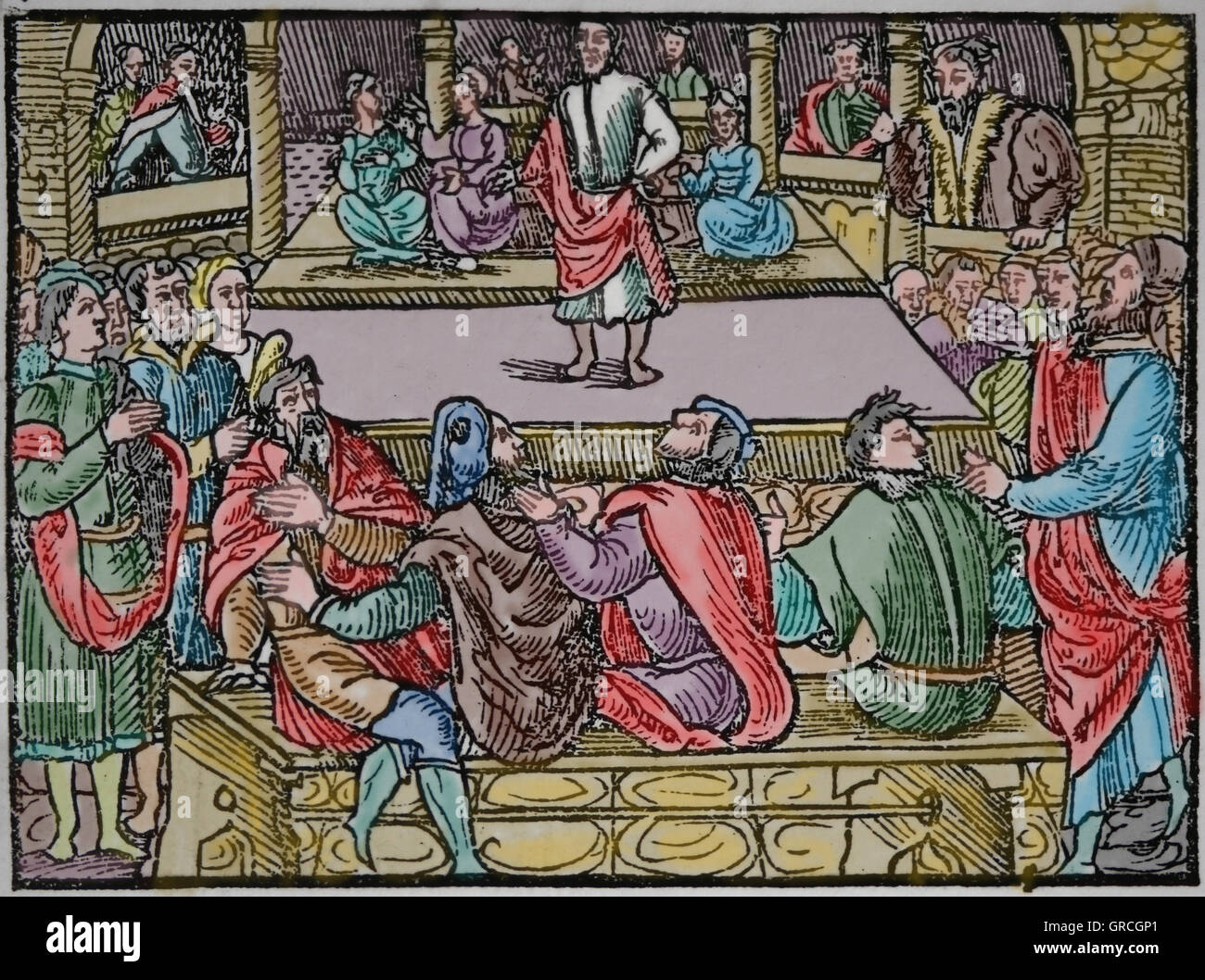 Latin literature. Theatre performance in France (16th century) imitating classical times. Colored engraving. Stock Photo