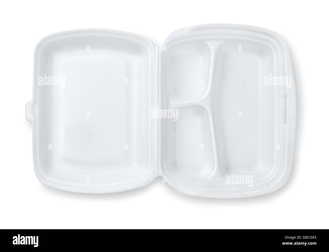 Open foam hinged three compartment meal container isolated on white Stock Photo