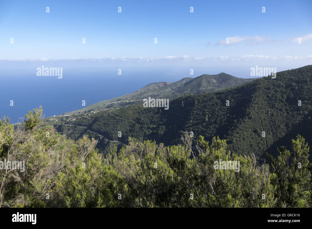 View From A Viewpoint Over A Canyon And Wooded Hills Down To The Atlantic Ocean, Blue Sky With Small Clouds. Northwestern Part Of The Canary Island La Palma Stock Photo