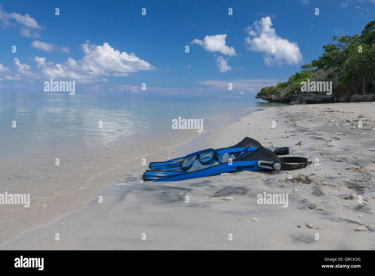 Blue Fins, Mask And Snorkel On A White Sandy Beach. In The Background Shallow Water, Blue Sky, White Clouds And Green Vegetation Stock Photo